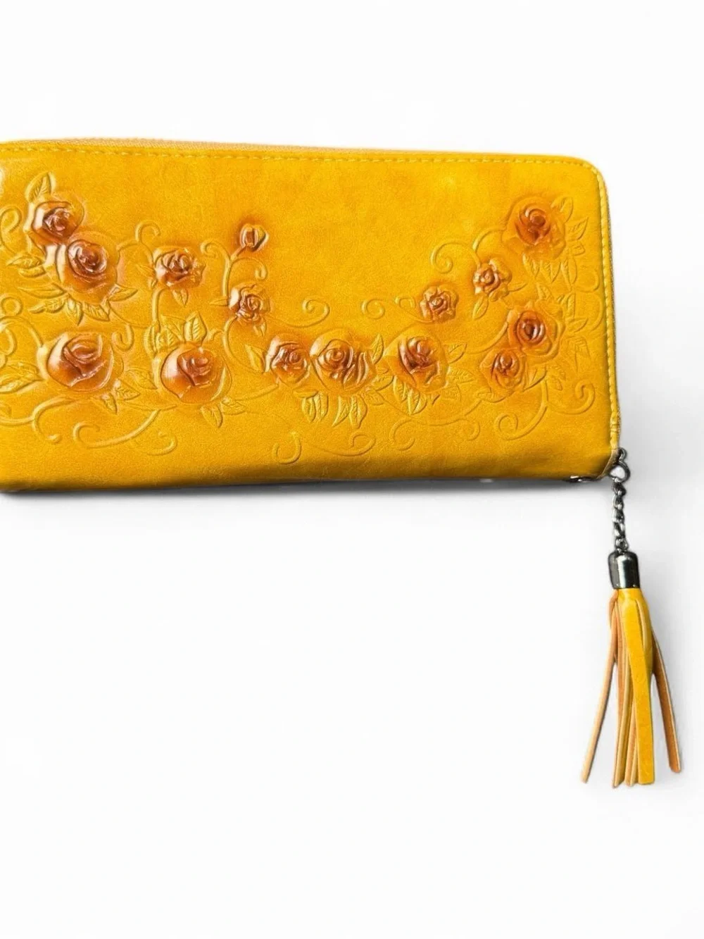 Yellow Floral Embossed Zip Wallet with Tassel